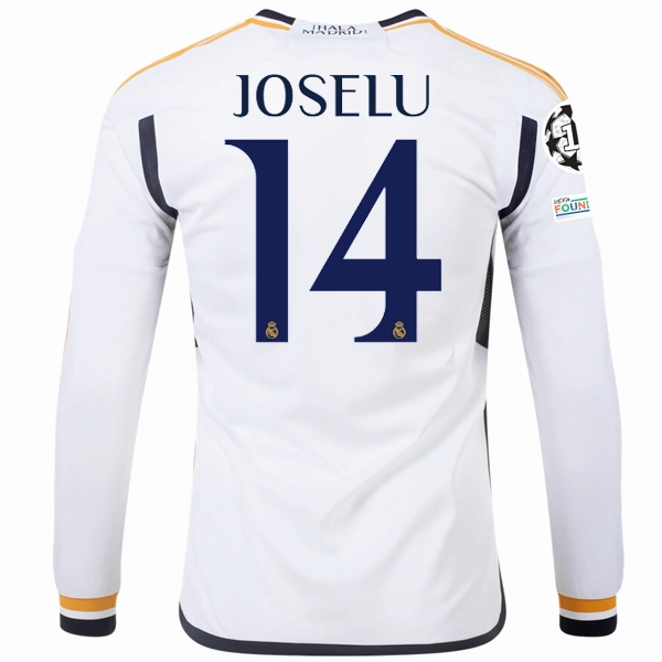 adidas Real Madrid Long Sleeve Joselu Home Jersey w/ Champions League   Club World Cup Patches 23/24 (White) Sporty Gear