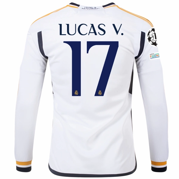 adidas Real Madrid Long Sleeve Lucas Vazquez Home Jersey w/ Champions League   Club World Cup Patches 23/24 (White) Motion Design Studio Fit