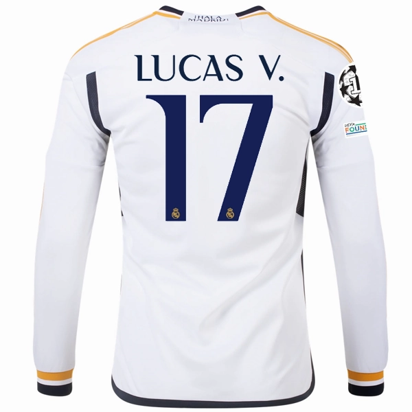 Tagless Neckline Durable Double Stitched adidas Real Madrid Long Sleeve Lucas Vazquez Home Jersey w/ Champions League   Club World Cup Patches 23/24 (White)