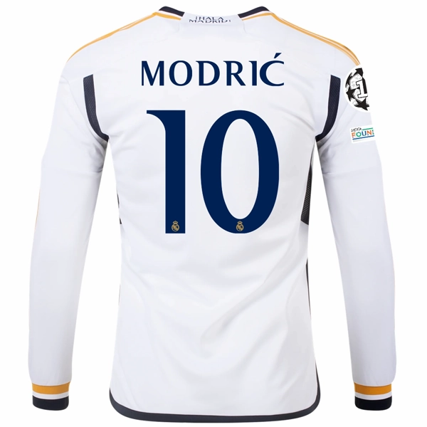 adidas Real Madrid Long Sleeve Luka Modric Home Jersey w/ Champions League   Club World Cup Patches 23/24 (White) Energy Gear