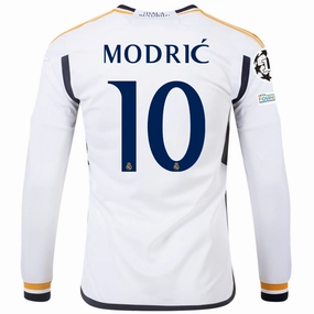 Workout Session Color Blocked adidas Real Madrid Long Sleeve Luka Modric Home Jersey w/ Champions League   Club World Cup Patches 23/24 (White)