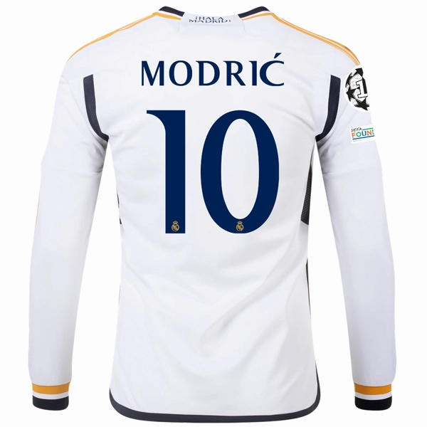 Workout Session Color Blocked adidas Real Madrid Long Sleeve Luka Modric Home Jersey w/ Champions League   Club World Cup Patches 23/24 (White)