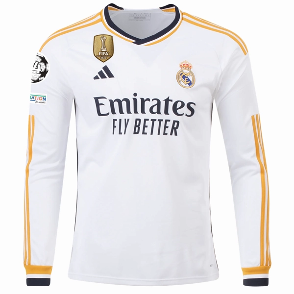 Durable Blend Fabric adidas Real Madrid Long Sleeve Luka Modric Home Jersey w/ Champions League   Club World Cup Patches 23/24 (White)