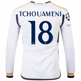 Weather Neutral Rush Ready adidas Real Madrid Long Sleeve Tchouameni Home Jersey w/ Champions League   Club World Cup Patches 23/24 (White)