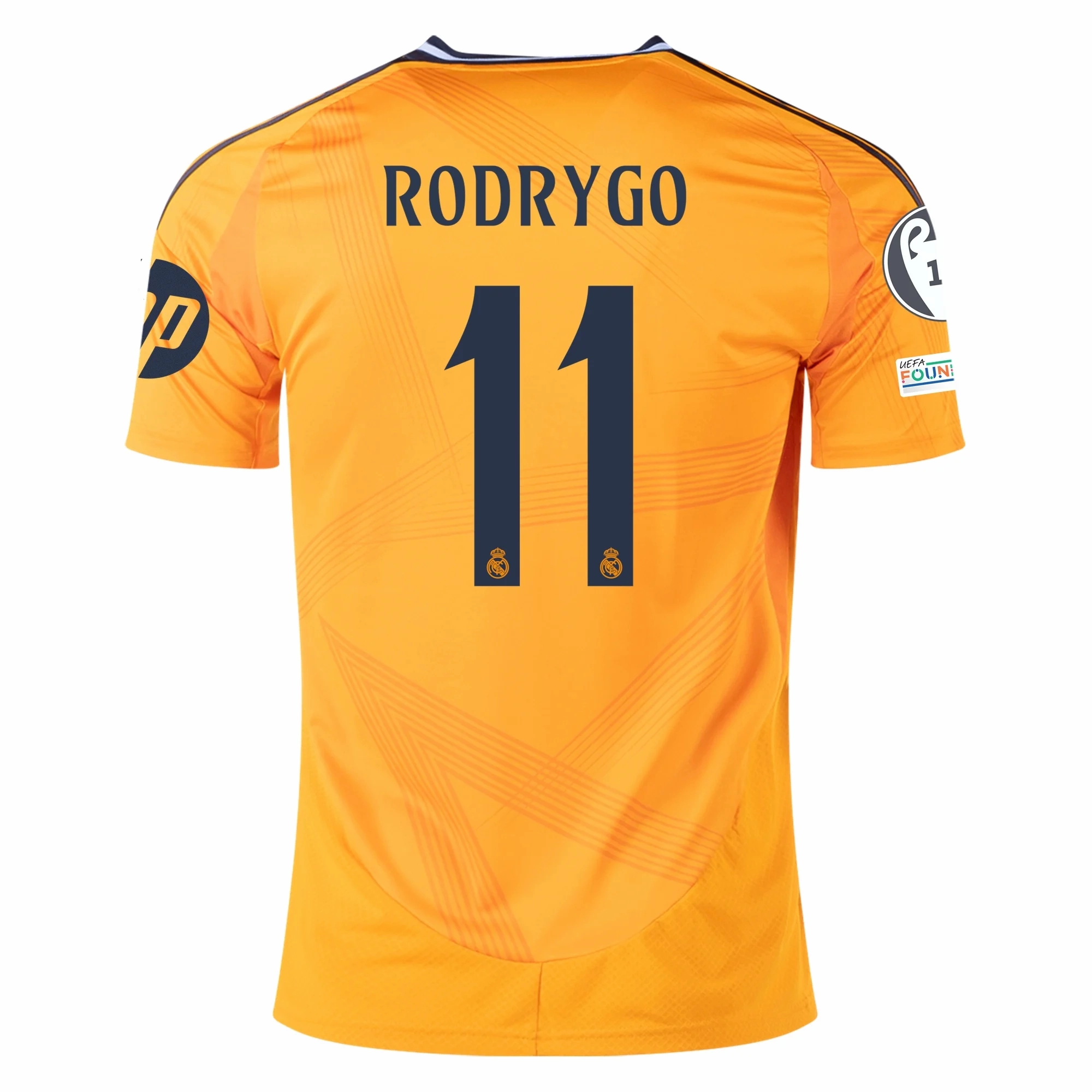 Flexible Knit Construction adidas Real Madrid Rodrygo Away Jersey w/ Champions League Patches 24/25 (Crew Orange)