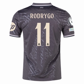 Moisture Wicking Material Raglan Sleeve Design adidas Real Madrid Rodrygo Third Jersey w/ Champions League Patches   HP Sponsor 24/25 (Charcoal)