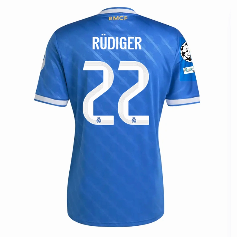 Performance Stretch Movement Apparel adidas Rudiger Men's Real Madrid Third Jersey 25/26 w/ Champions League Patches (Blue/White)