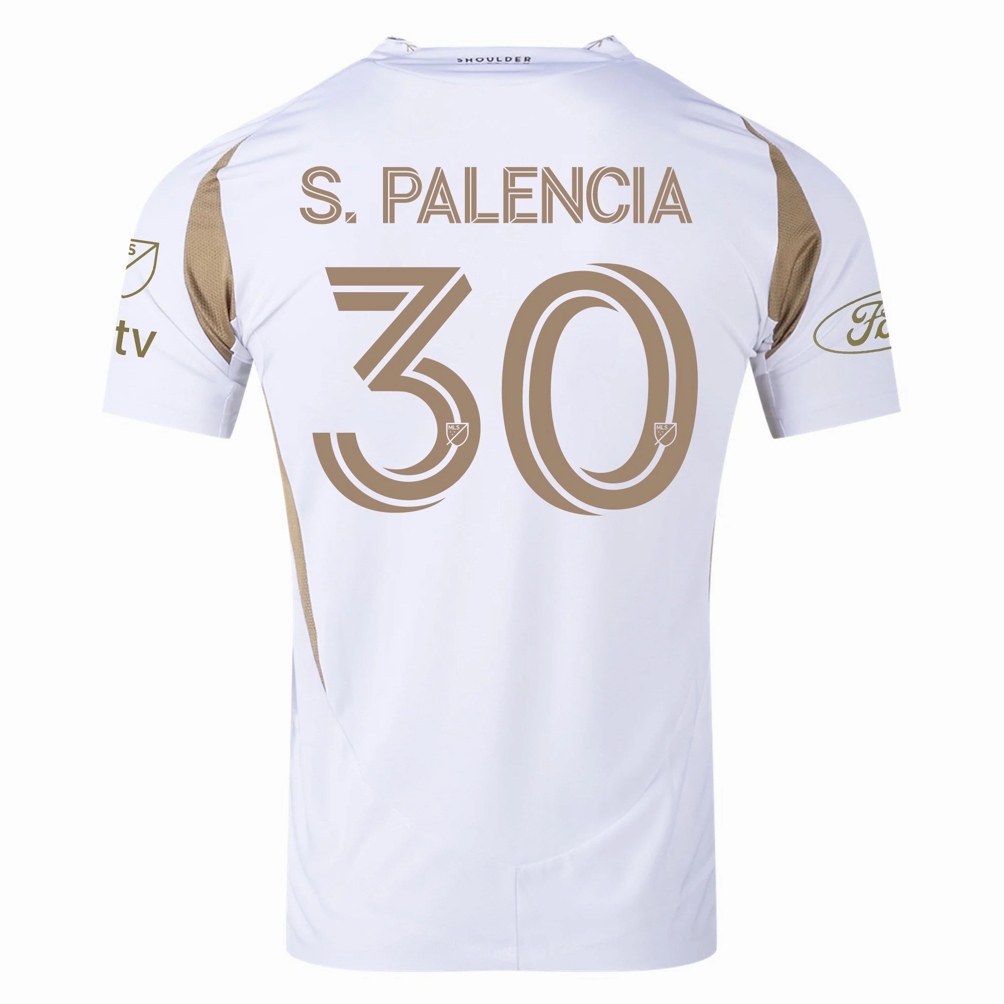 adidas Sergi Palencia LAFC Authentic Away Jersey w/ MLS   Apple   Ford Logo 25/26 (White/Gold) Perfect Motion Athletic Wear