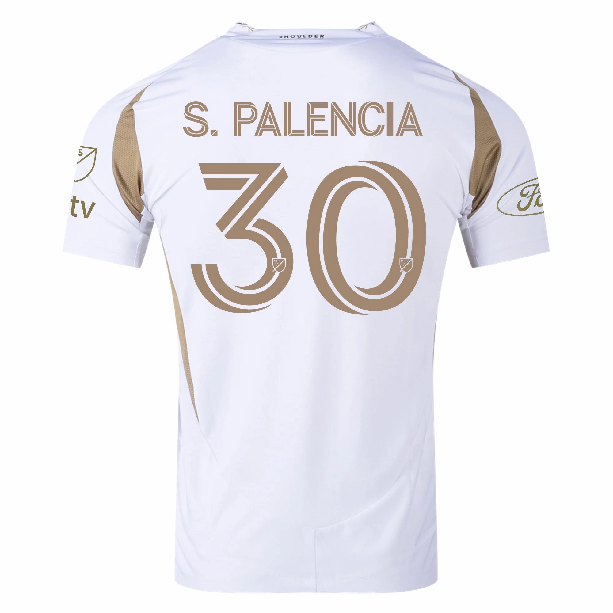 UV Protective Coating adidas Sergi Palencia LAFC Authentic Away Jersey w/ MLS   Apple   Ford Logo 25/26 (White/Gold)