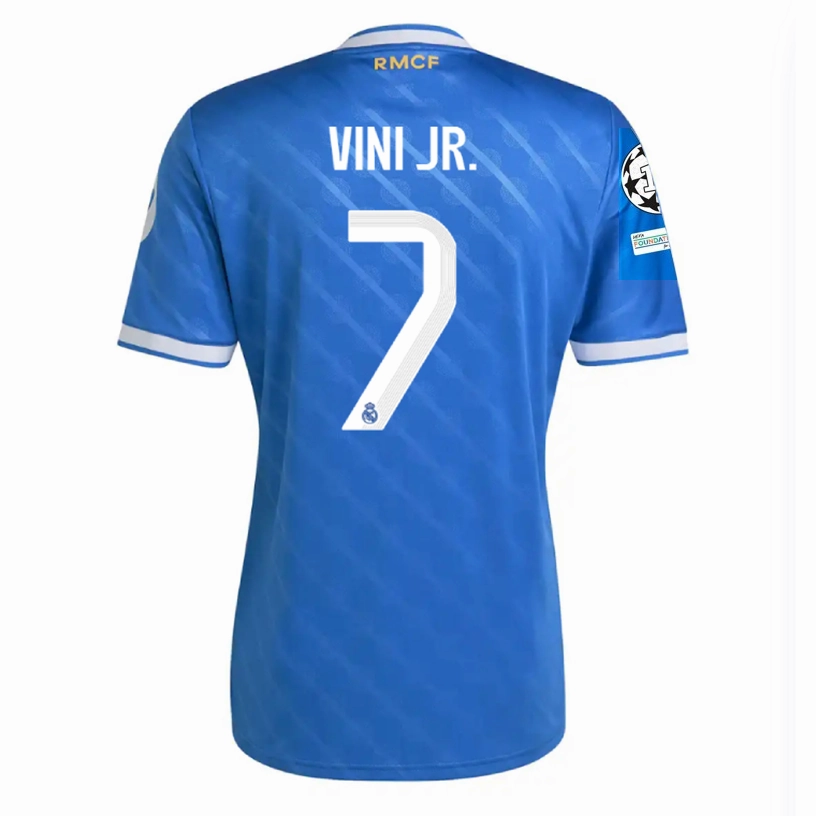 adidas Vini Jr. Men's Real Madrid Third Jersey 25/26 w/ Champions League Patches (Blue/White) Hybrid Fabric Blends