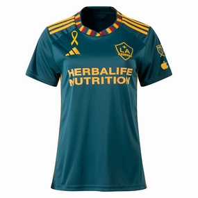 adidas Womens LA Galaxy Away Jersey 23/24 w/ MLS   Apple   Childhood Awareness Patch (Mystery Green) Wrinkle resistant fabric Non Slip Collar