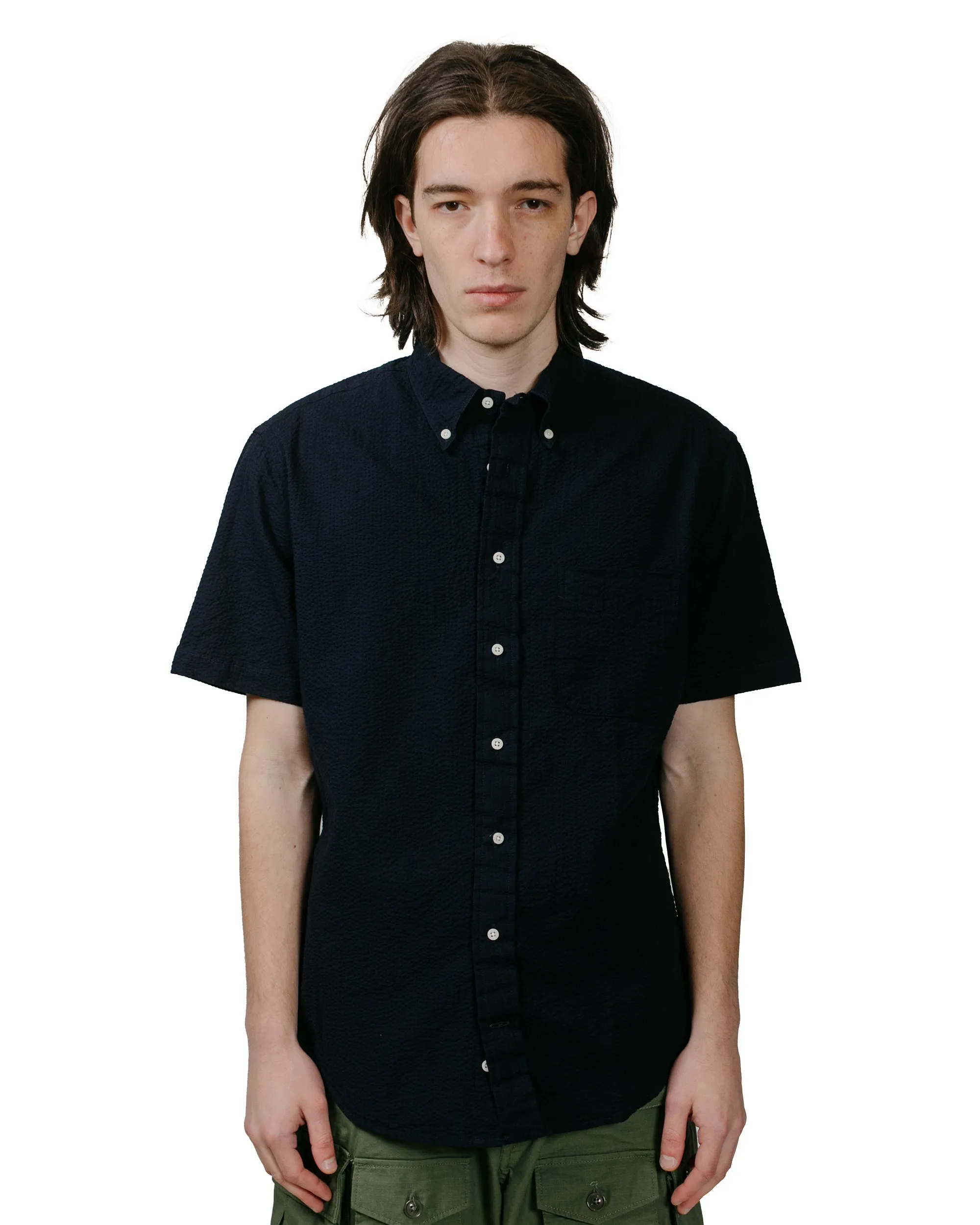 Gitman Vintage Bros. Navy Overdye Seersucker Short Sleeve Shirt Yoke Design