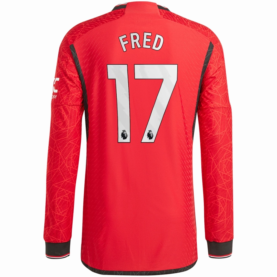 adidas Manchester United Authentic Fred Long Sleeve Home Jersey w/ EPL   No Room For Racism Patches 23/24 (Team College Red) Lightweight Construction