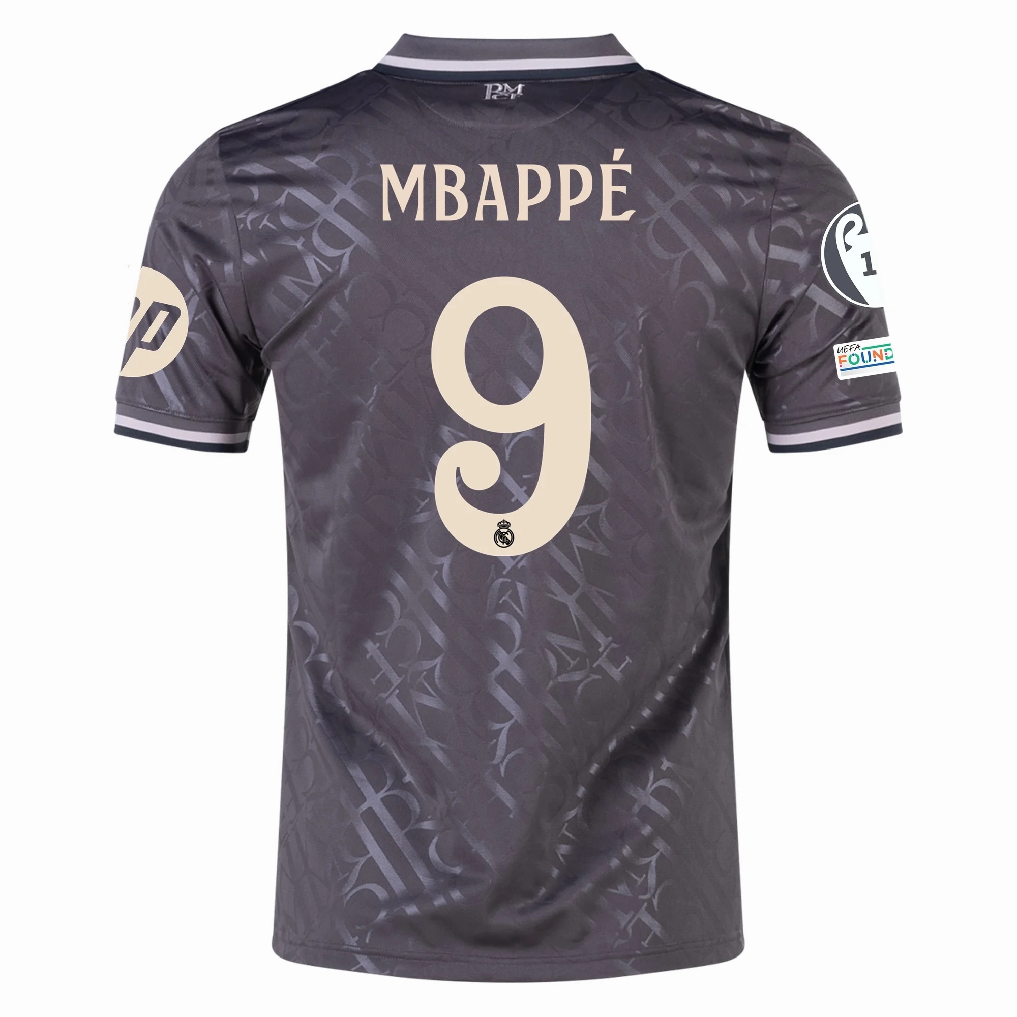 Non Restrictive Armholes adidas Real Madrid Kylian Mbappe Third Jersey w/ Champions League Patches   HP Sponsor 24/25 (Charcoal)