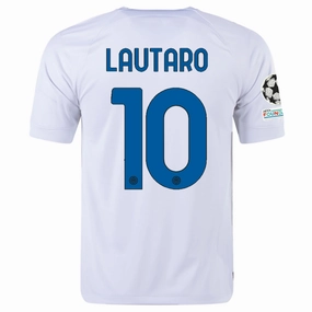 Nike Inter Milan Lautaro Martinez Away Jersey w/ Champions League   Copa Italia Patches 23/24 (White/Lyon Blue) Athletic Performance Friction Free Hemline Design