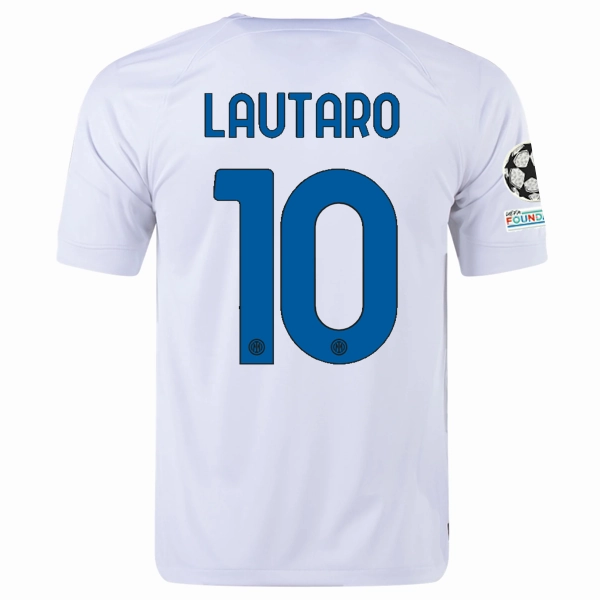 Nike Inter Milan Lautaro Martinez Away Jersey w/ Champions League   Copa Italia Patches 23/24 (White/Lyon Blue) Athletic Performance Friction Free Hemline Design