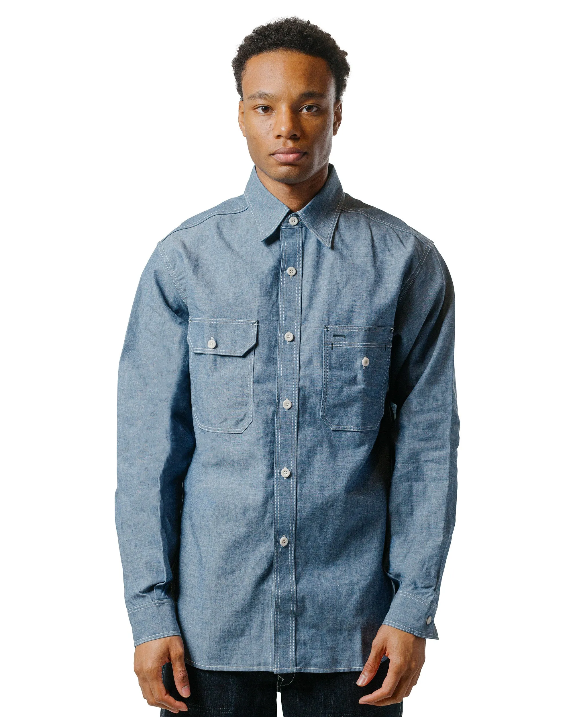 Stylish Detail Vintage Wash The Real McCoy's MS24004 8HU Chambray Serviceman Shirt Light Blue