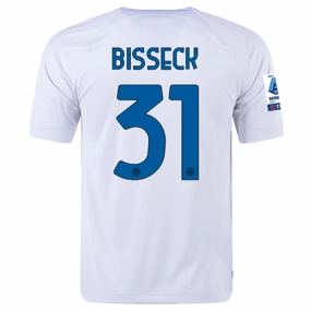 Nike Inter Milan Yann Aurel Bisseck Away Jersey w/ Series A   Copa Italia Patches 23/24 (White/Lyon Blue) Layered Panel Design Relaxed Comfort