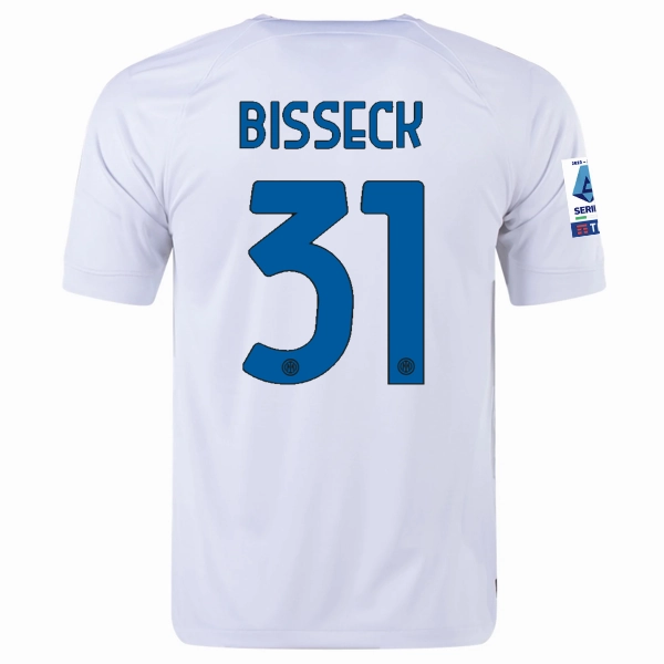 Nike Inter Milan Yann Aurel Bisseck Away Jersey w/ Series A   Copa Italia Patches 23/24 (White/Lyon Blue) Layered Panel Design Relaxed Comfort