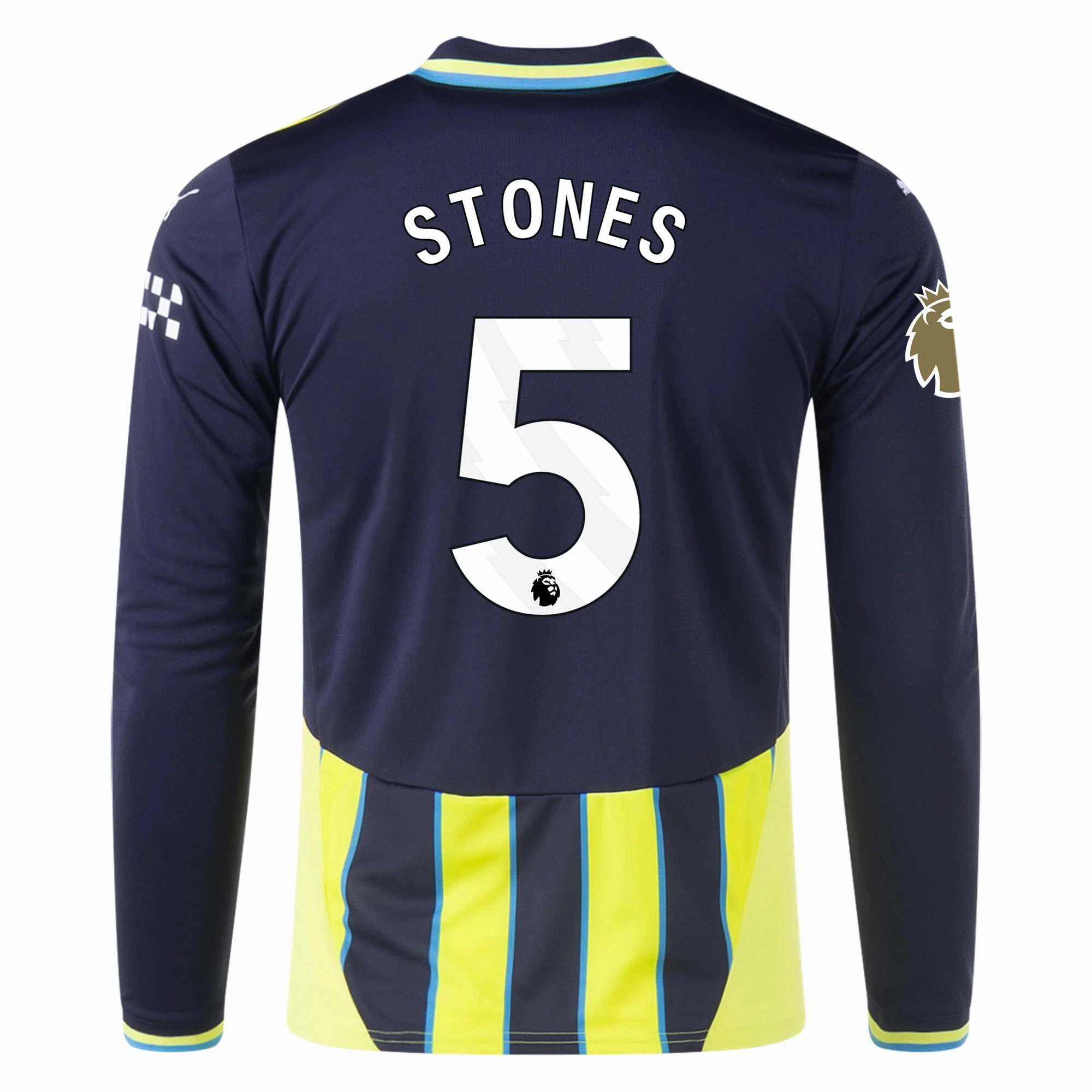 Puma Manchester City John Stones Long Sleeve Away Jersey w/ EPL   Club World Cup Patch 24/25 (New Navy/Yellow Glow) Drop Shoulder Fit Breathable Gear