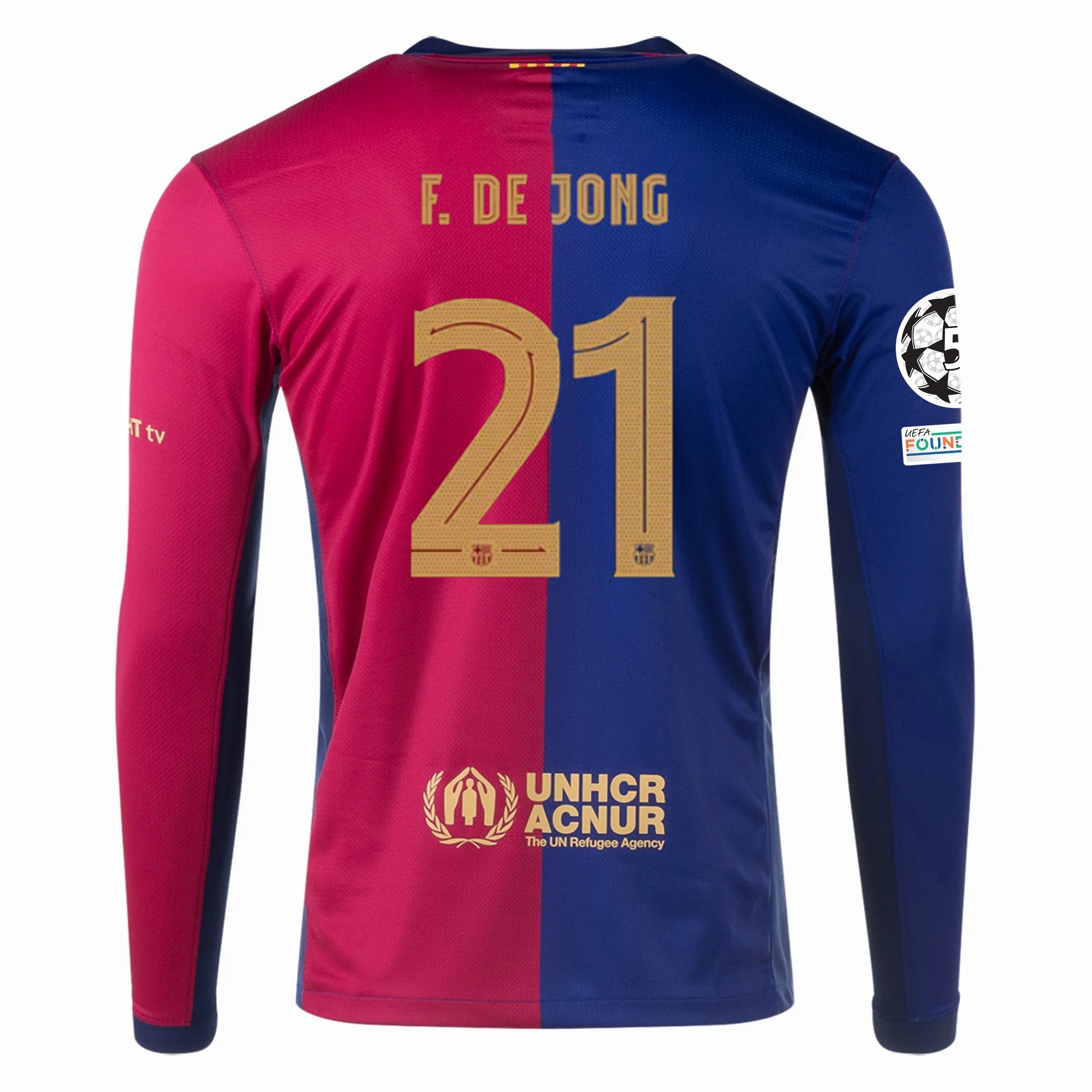 Nike Barcelona Frenkie De Jong Home Long Sleeve Jersey w/ Champions League Patches 24/25 (Royal/Nobel Red/Club Gold) Sporty Outfit Performance Optimized Weave