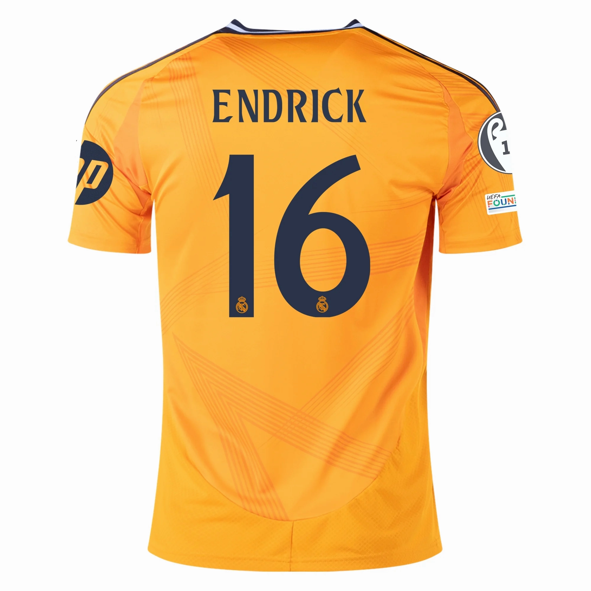 Anti Pilling Treatment Contrast Binding Trim adidas Real Madrid Endrick Away Jersey w/ Champions League Patches 24/25 (Crew Orange)