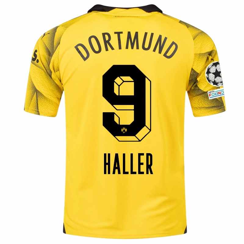 Puma Mens Borussia Dortmund S??bastien Haller Third Jersey w/ Champions League Patches 23/24 (Cyber Yellow/Puma Black) Sporty Feel Ergonomic Articulated Fit