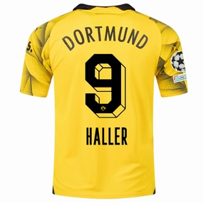 Puma Mens Borussia Dortmund S??bastien Haller Third Jersey w/ Champions League Patches 23/24 (Cyber Yellow/Puma Black) Sporty Feel Ergonomic Articulated Fit
