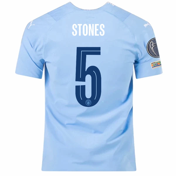 Relaxed Comfort Puma Manchester City Authentic John Stones Home Jersey w/ Champions League   Club World Cup Patches 23/24 (Team Light Blue/Puma White)
