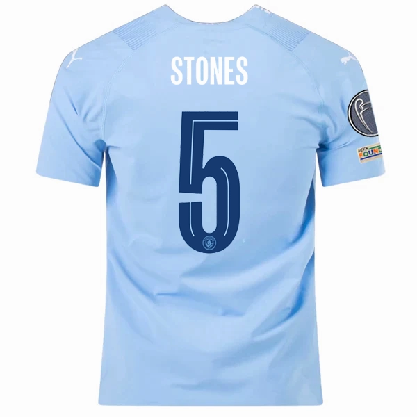 Puma Manchester City Authentic John Stones Home Jersey w/ Champions League   Club World Cup Patches 23/24 (Team Light Blue/Puma White) Flexible Knit Construction Walk Friendly