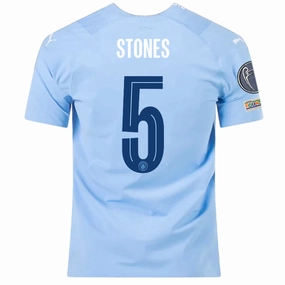 Relaxed Comfort Puma Manchester City Authentic John Stones Home Jersey w/ Champions League   Club World Cup Patches 23/24 (Team Light Blue/Puma White)