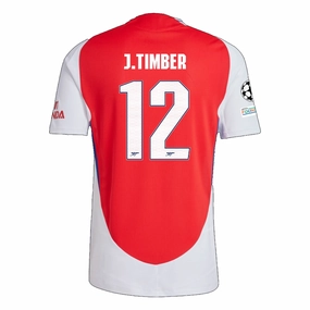 adidas Arsenal Authentic Jurrien Timber Home Jersey w/ Champions League Patches 24/25 (Better Scarlet/White) Balanced Fit Ventilated Back Panels