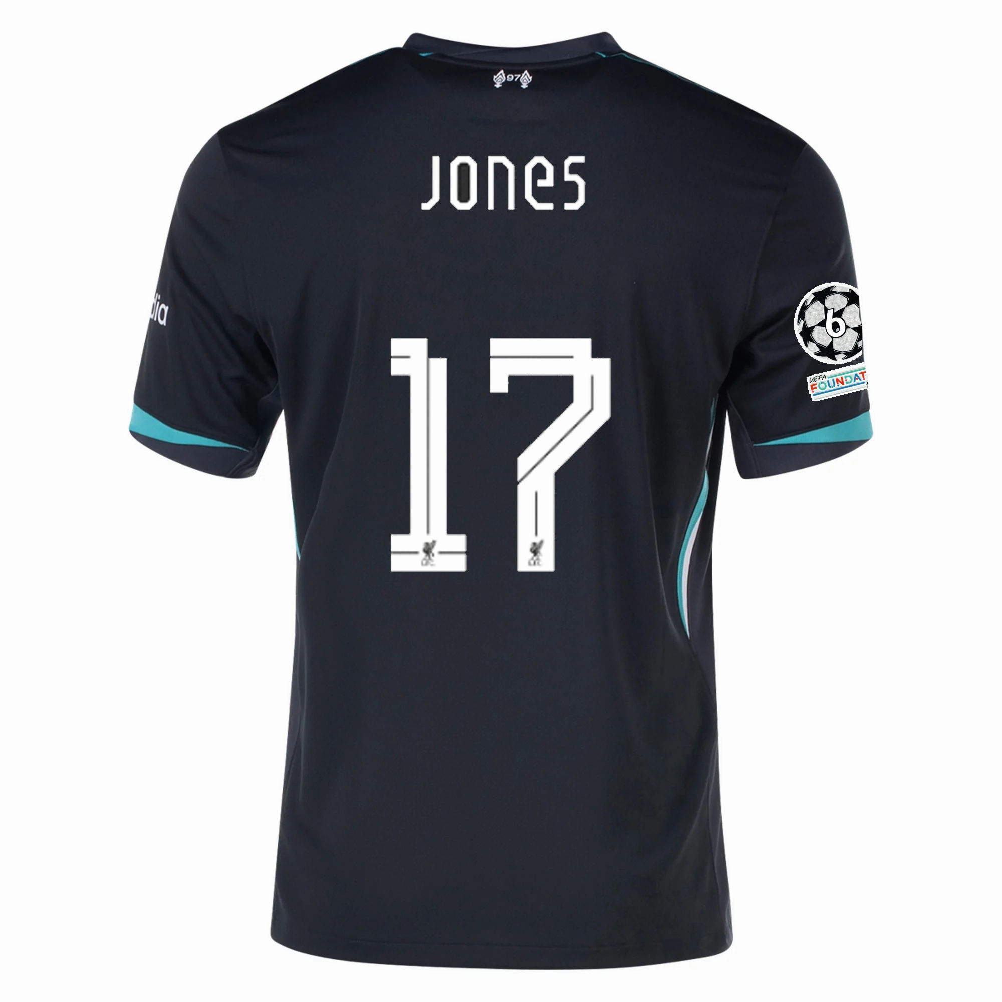 Moisture Control Lining High Stretch Recovery Nike Liverpool Curtis Jones Away Jersey w/ Champions League Patches 24/25 (Night Forest/Washed Teal)