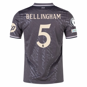 adidas Real Madrid Jude Bellingham Third Jersey w/ Champions League Patches   HP Sponsor 24/25 (Charcoal) Adaptable Fit