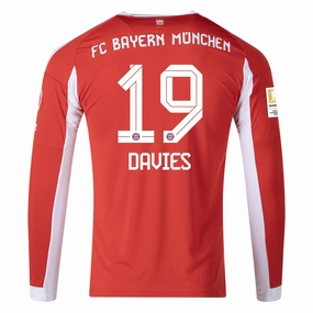 Low Profile Stitching All Around Fit adidas Alphonso Davies Men's Bayern Munich Long Sleeve Home Jersey 25/26 w/ Bundesliga Champions Patch (Red/White)