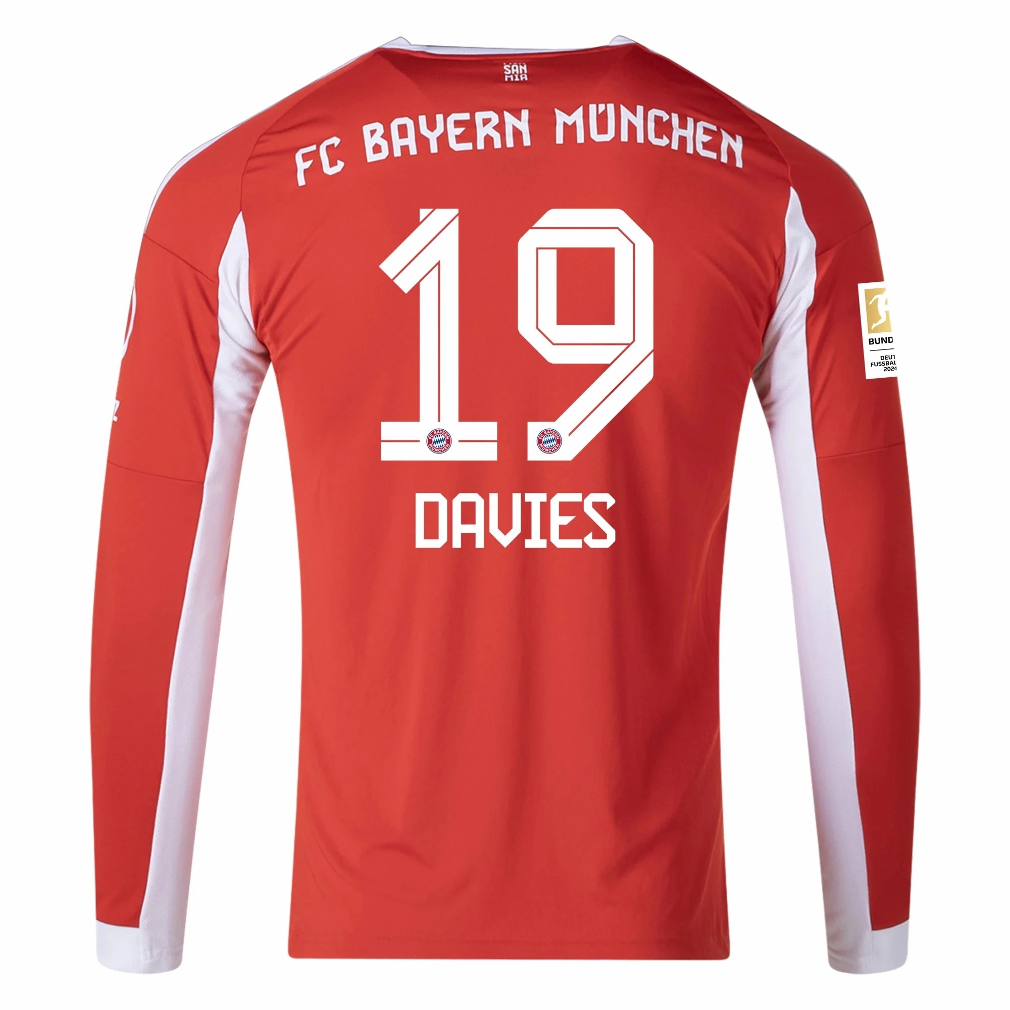 Low Profile Stitching All Around Fit adidas Alphonso Davies Men's Bayern Munich Long Sleeve Home Jersey 25/26 w/ Bundesliga Champions Patch (Red/White)