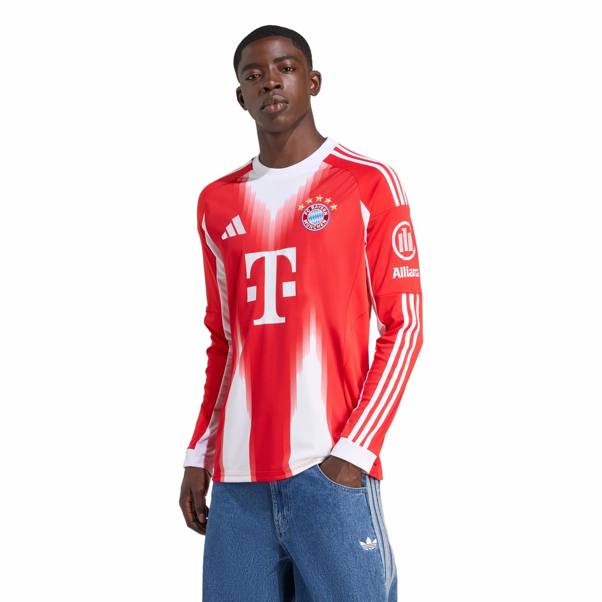 adidas Alphonso Davies Men's Bayern Munich Long Sleeve Home Jersey 25/26 w/ Bundesliga Champions Patch (Red/White) sprint training