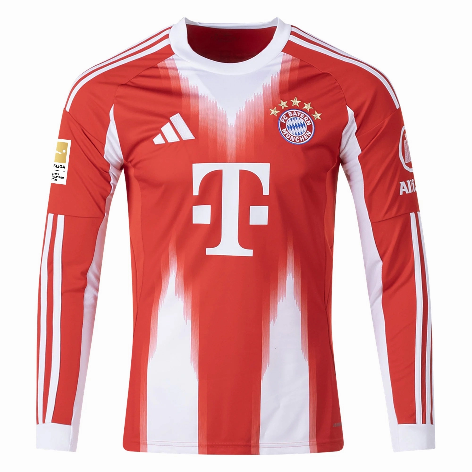 adidas Alphonso Davies Men's Bayern Munich Long Sleeve Home Jersey 25/26 w/ Bundesliga Champions Patch (Red/White) Eco Friendly Recycled Material