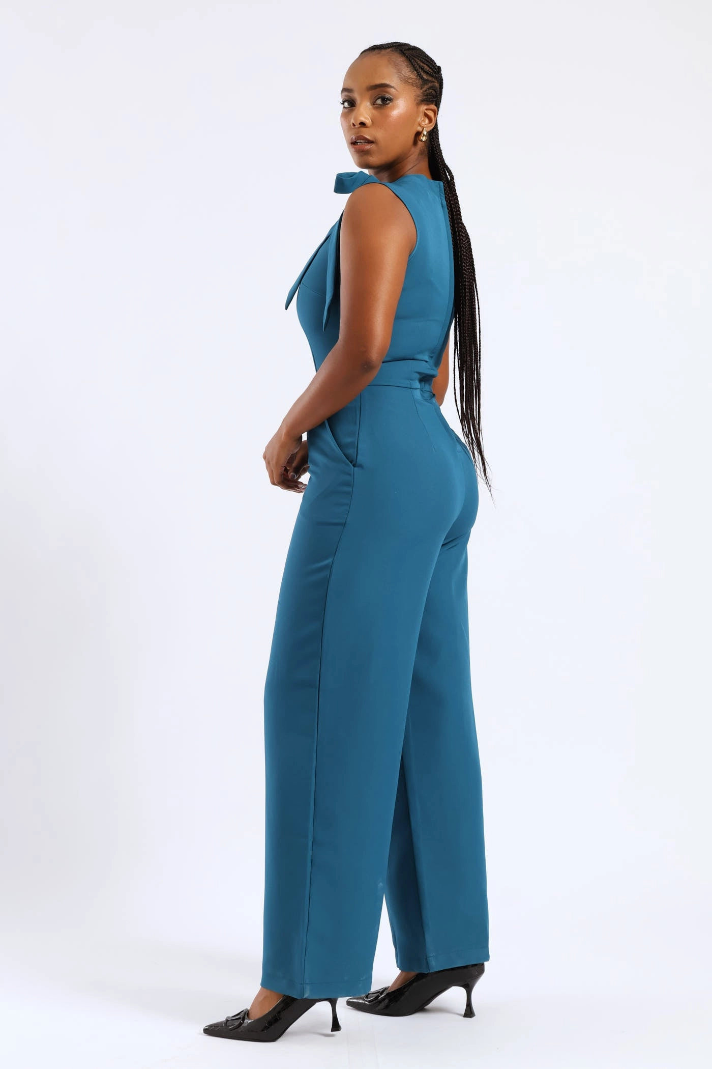 Tie Neck Jumpsuit - Teal Delicate Tone Chic Vibe