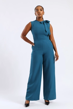 Church Scene Modern Appearance Tie Neck Jumpsuit - Teal
