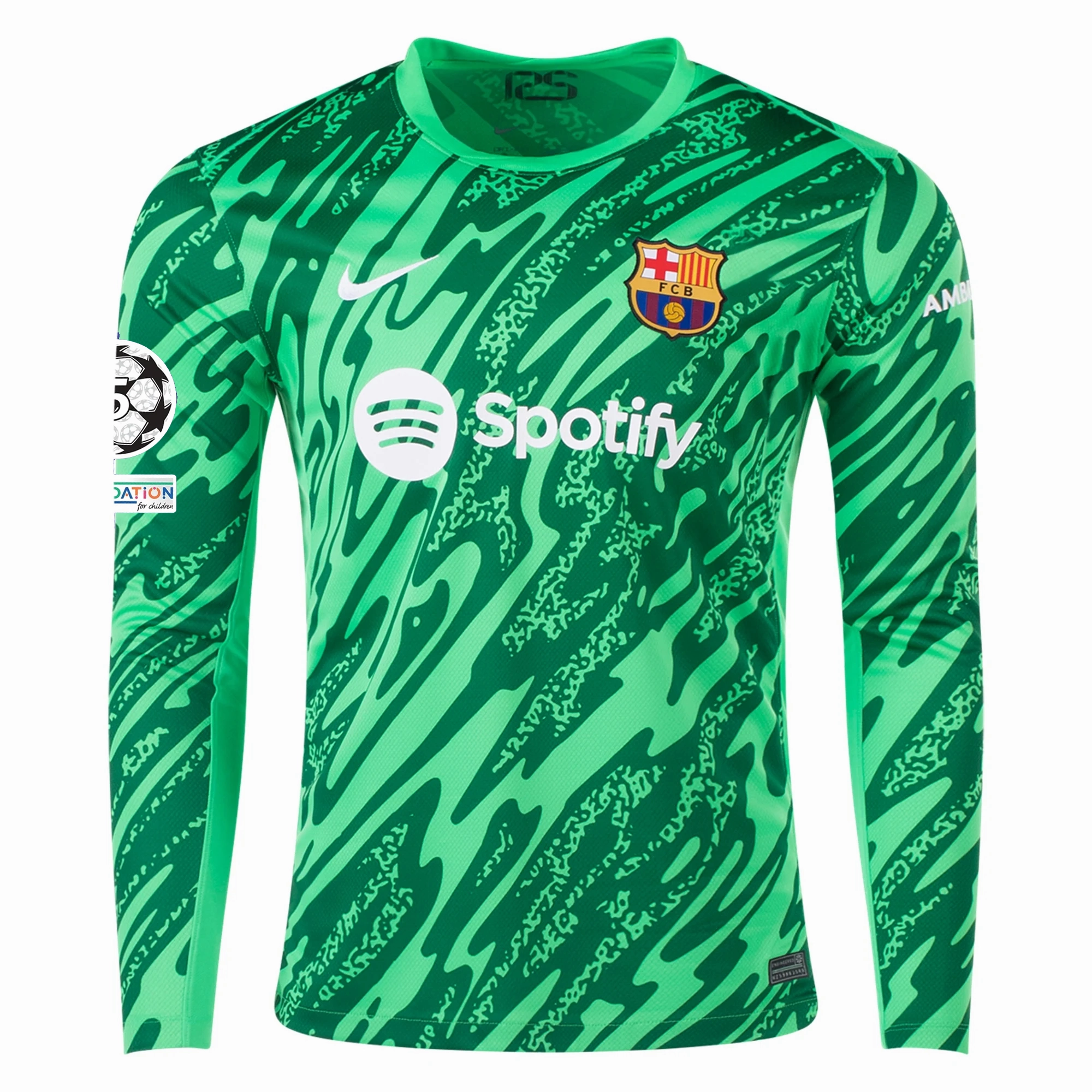 Vented Back Design Nike Barcelona Goalkeeper Jersey w/ Champions League Patches 24/25 (Green Spark/Pine Green/White)