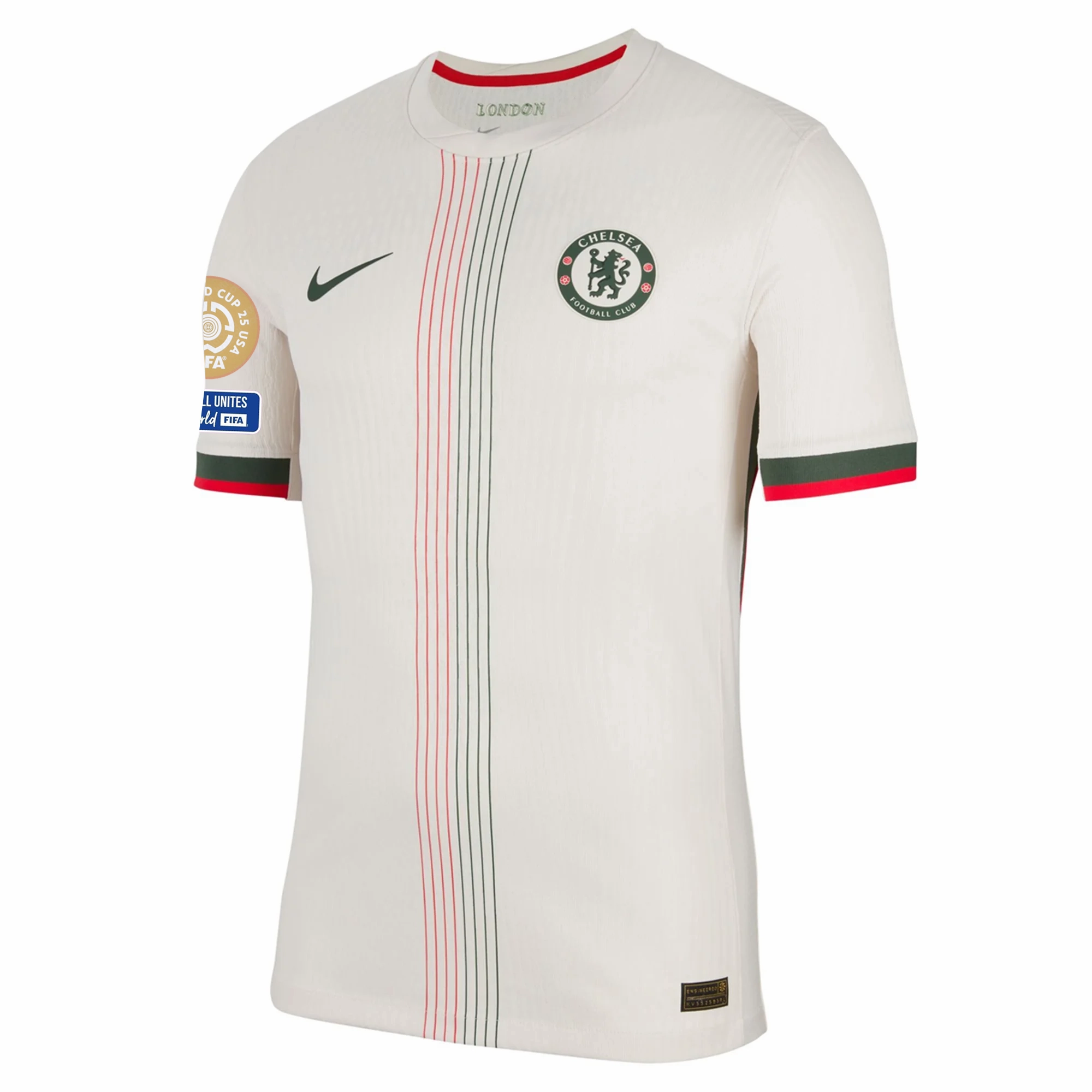 Sweat Wicking Ribbing Studio Fit Nike Chelsea Authentic Away Jersey w/ Club World Cup Patches 25/26 (Phantom/Speed Red/Galactic Jade)