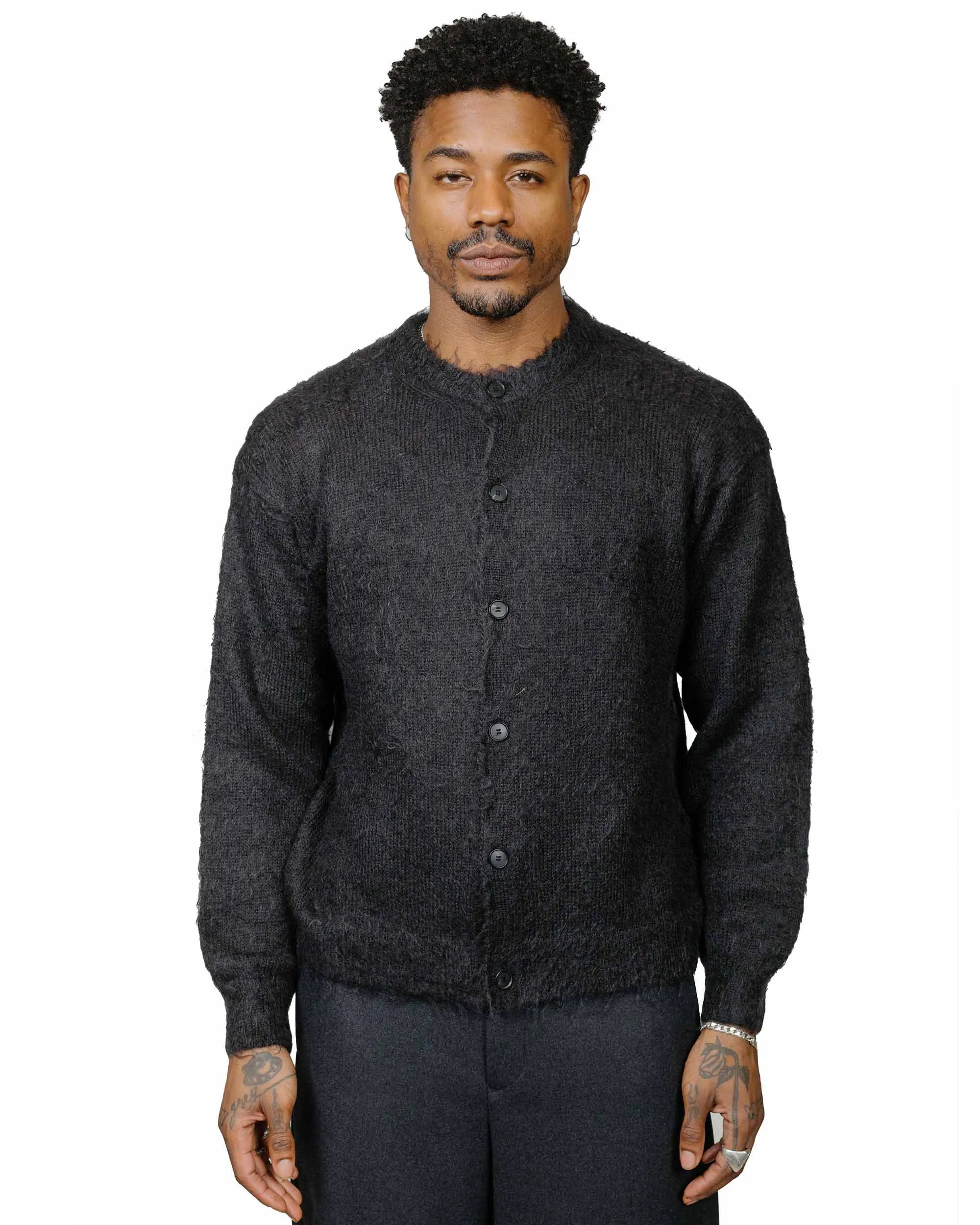 product ribbon playfulness Auralee Brushed Super Kid Mohair Knit Cardigan Ink Black