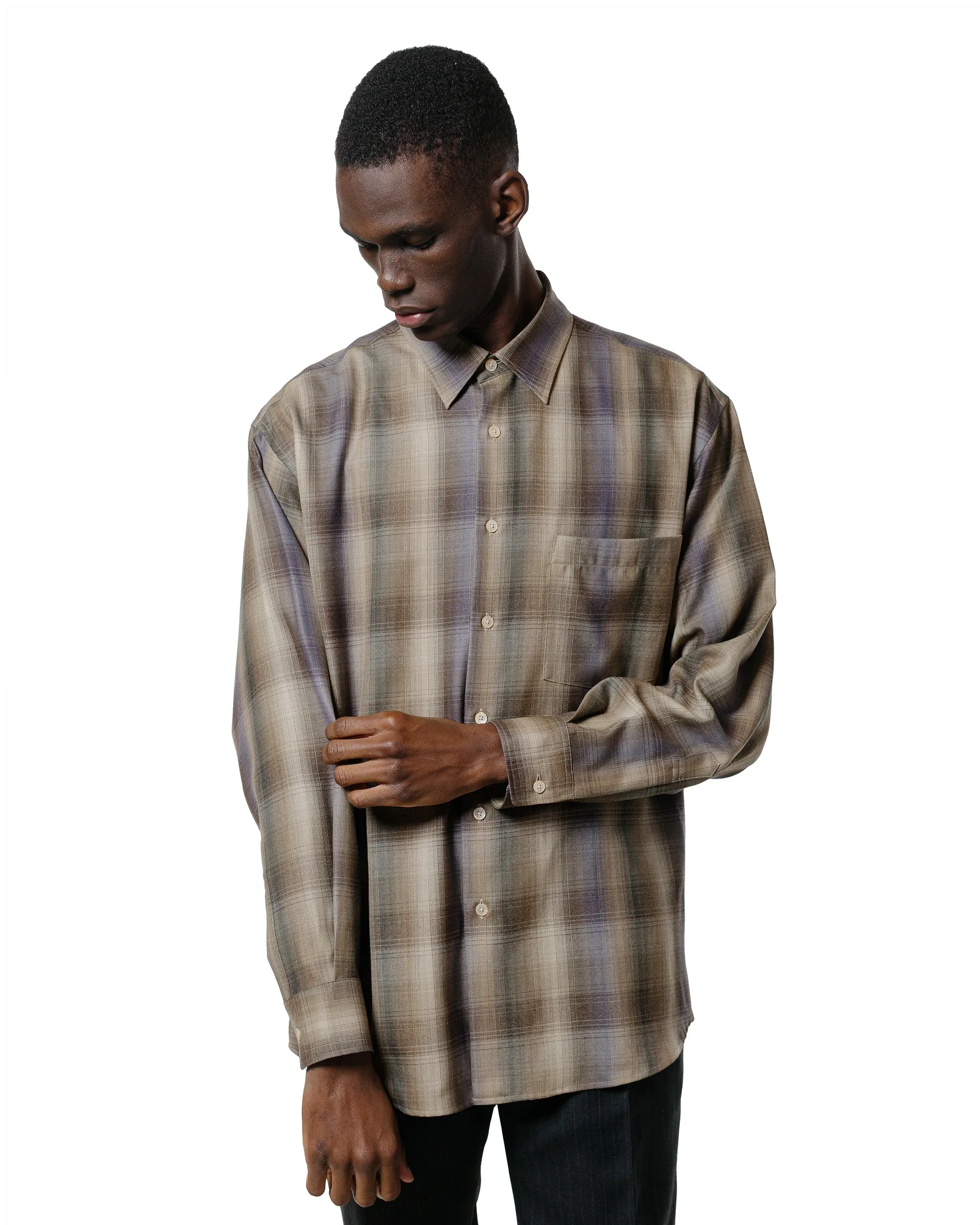 Auralee Super Light Wool Check Shirt Brown Blue Check Mountain Retreat