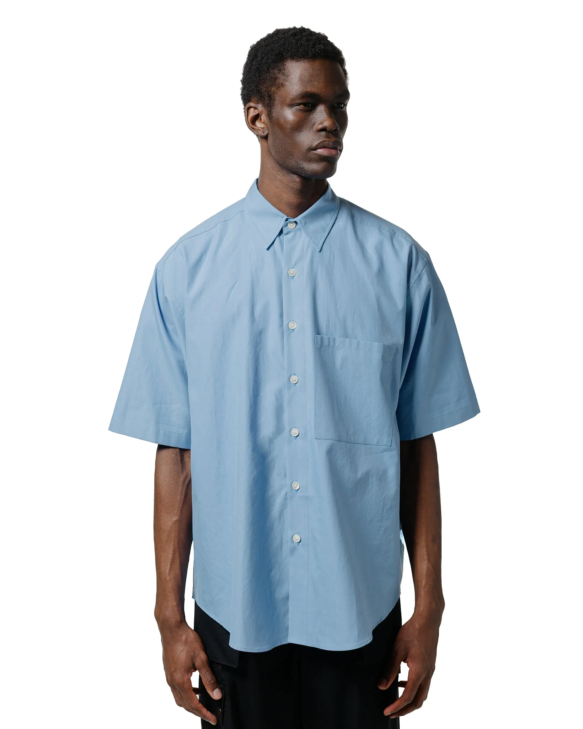 Auralee Washed Finx Twill Big Half Sleeved Shirt Sax Blue Ergonomic Sleeve Cut