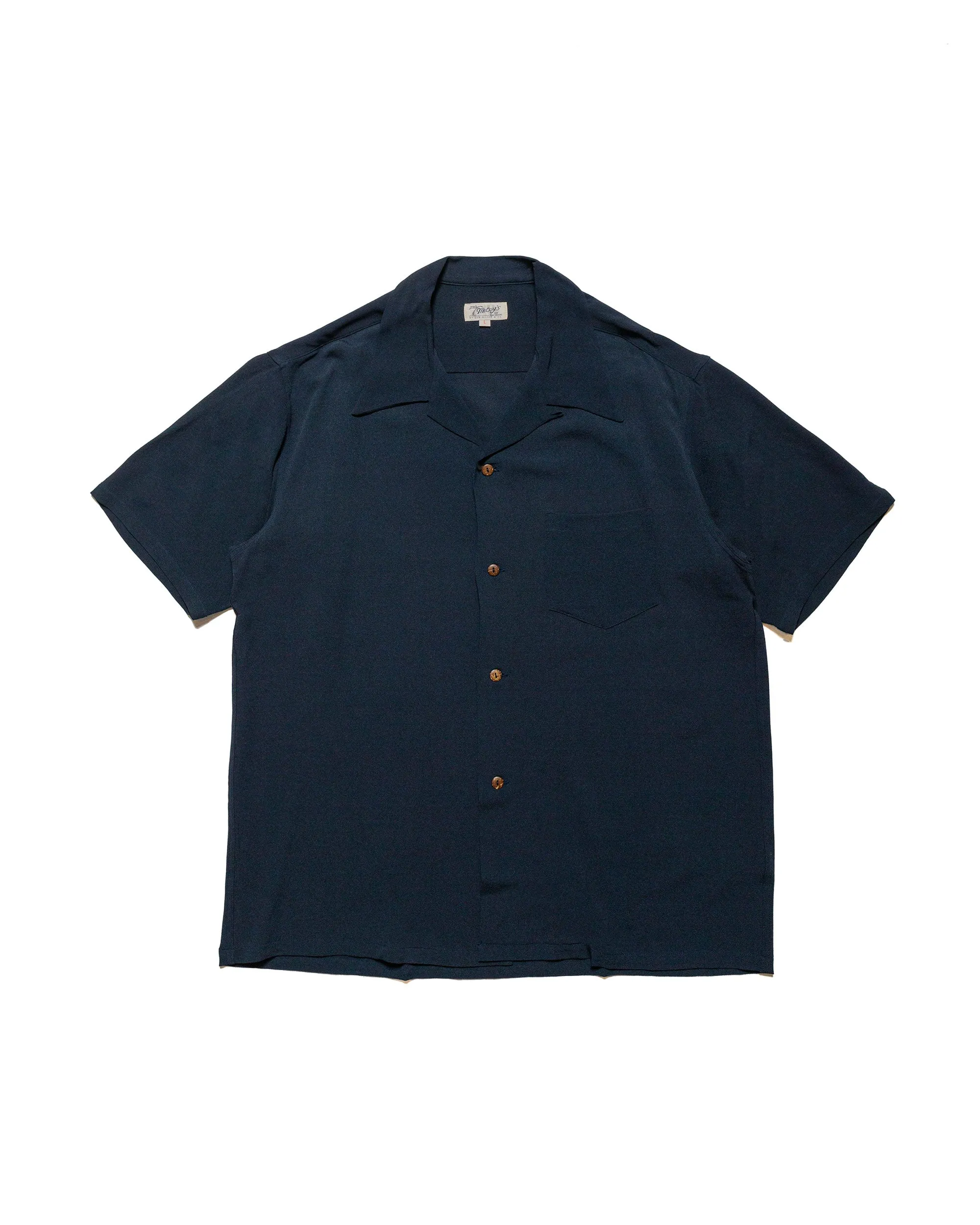 The Real McCoy's MS24008 Silk Rayon Open Collar Shirt Navy Lightweight Construction High-End Finish