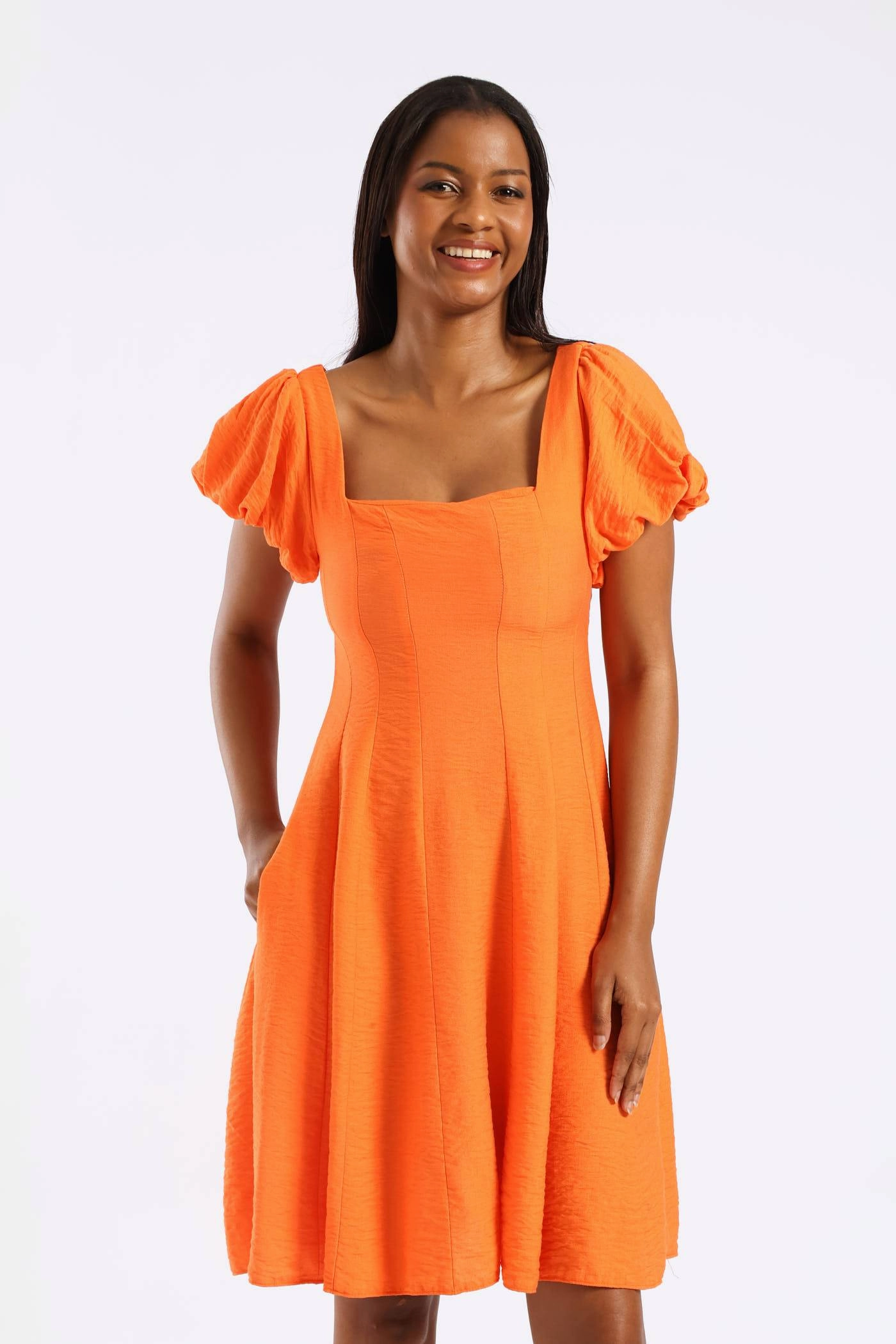 Effortless Comfort BiasCutSilhouette Bubble Short Sleeve Square Neck Pannelled Mini Dress - Orange