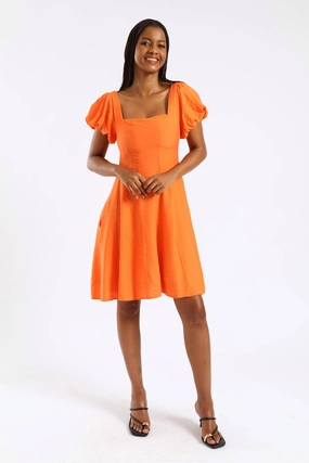 Birthday-Celebration Bubble Short Sleeve Square Neck Pannelled Mini Dress - Orange