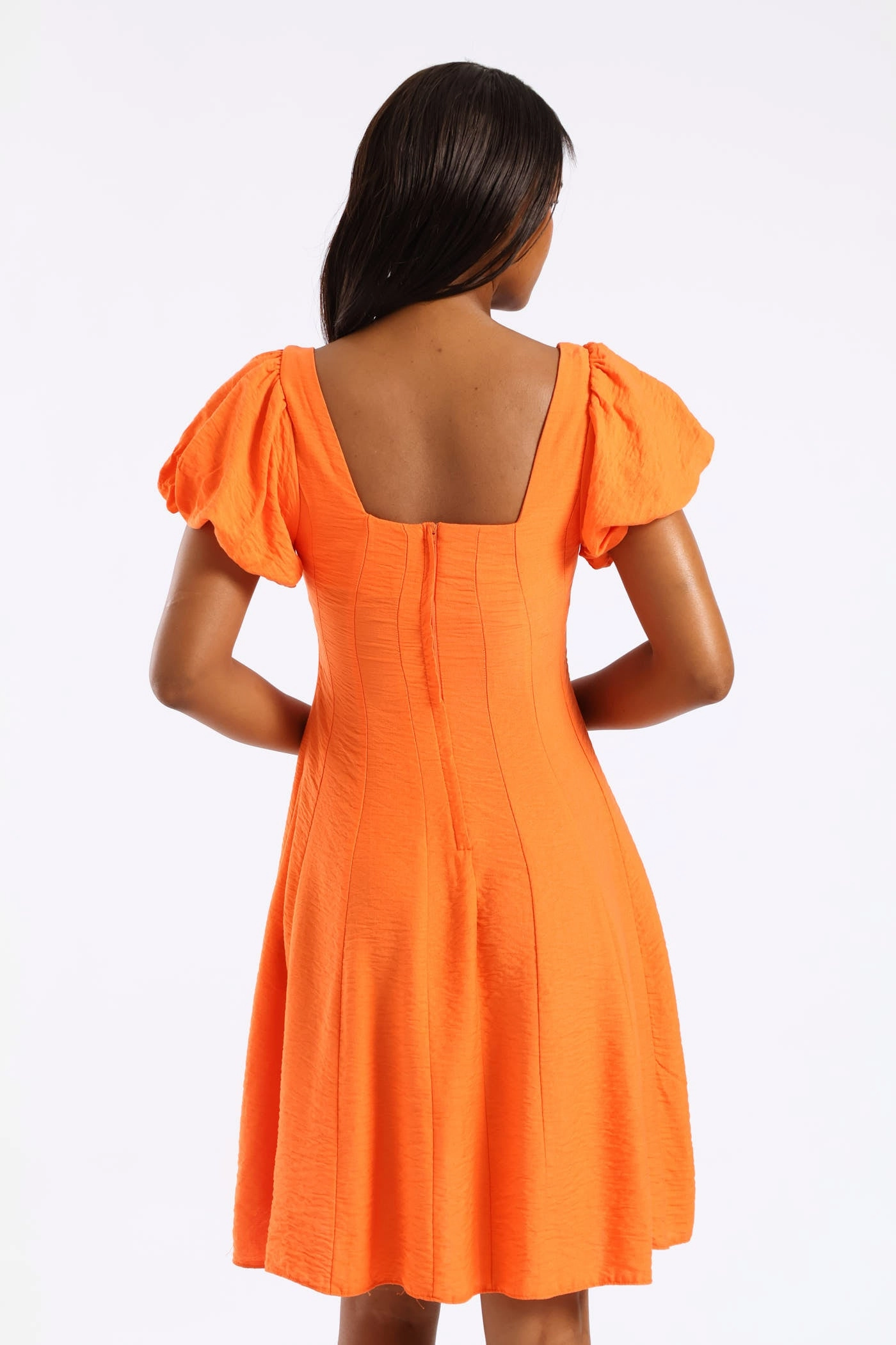 Bubble Short Sleeve Square Neck Pannelled Mini Dress - Orange Happy Soul
