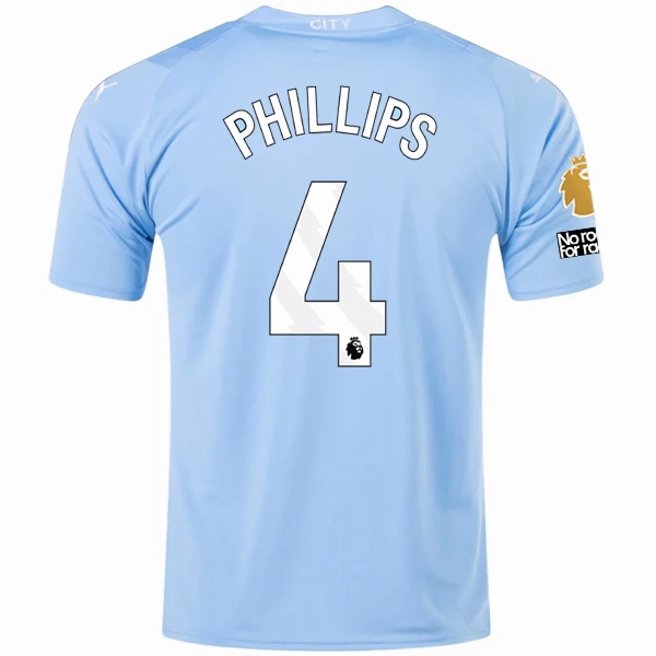 Puma Manchester City Kalvin Phillips Home Jersey w/ EPL   No Room For Racism   Club World Cup Patches 23/24 (Team Light Blue/Puma White) Form Fitting